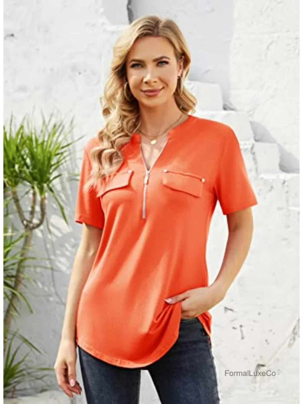 Women's Zip Front V-Neck Short Sleeve Tunic Blouse with Pockets - Stretchable